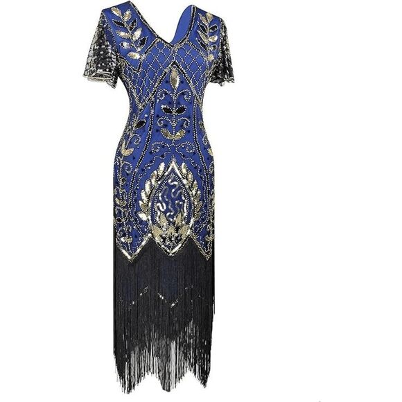 ✨💙 Flapper Great Gatsby 1920s Retro Tassel Fringe Sequin Blue Dress XL NEW - Picture 10 of 15